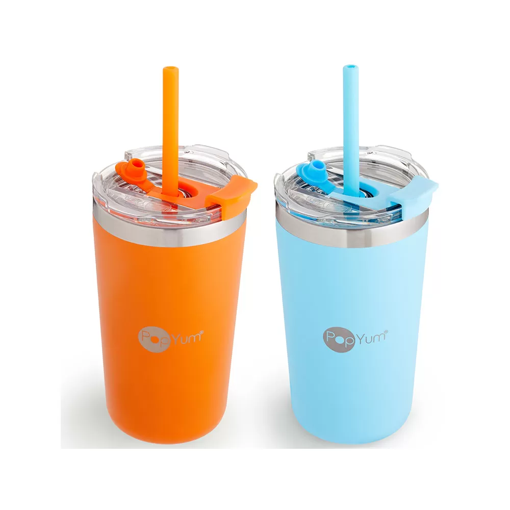 Set de 2 Vasos Térmicos Infantiles de Acero Inoxidable con Tapa y Popote, Naranja-Azul (13oz / 380ml)
