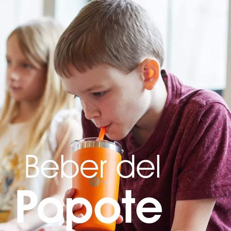 beberpopote Set de 2 Vasos Térmicos Infantiles de Acero Inoxidable con Tapa y Popote, Naranja-Azul (13oz / 380ml)