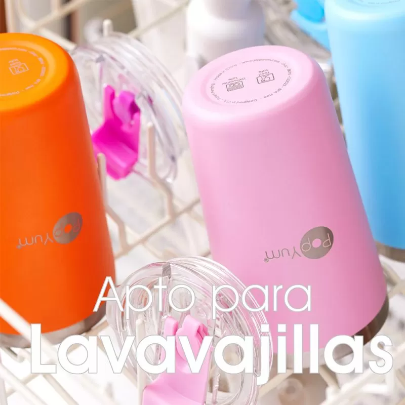 lavavajillas Set de 2 Vasos Térmicos Infantiles de Acero Inoxidable con Tapa y Popote, Naranja-Azul (13oz / 380ml)