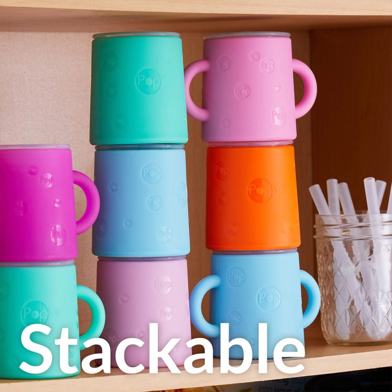 popyum-vaso-entrenador-beneficios-stackable Set de 2 Vasos Entrenadores de Silicón Suave Sin BPA con Tapa y Popote 5oz / 150ml Rosa y Morado