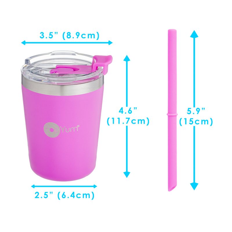Set de 2 Vasos Térmicos Infantiles de Acero Inoxidable con Tapa y Popote, Rosa-Morado (9oz / 260ml)